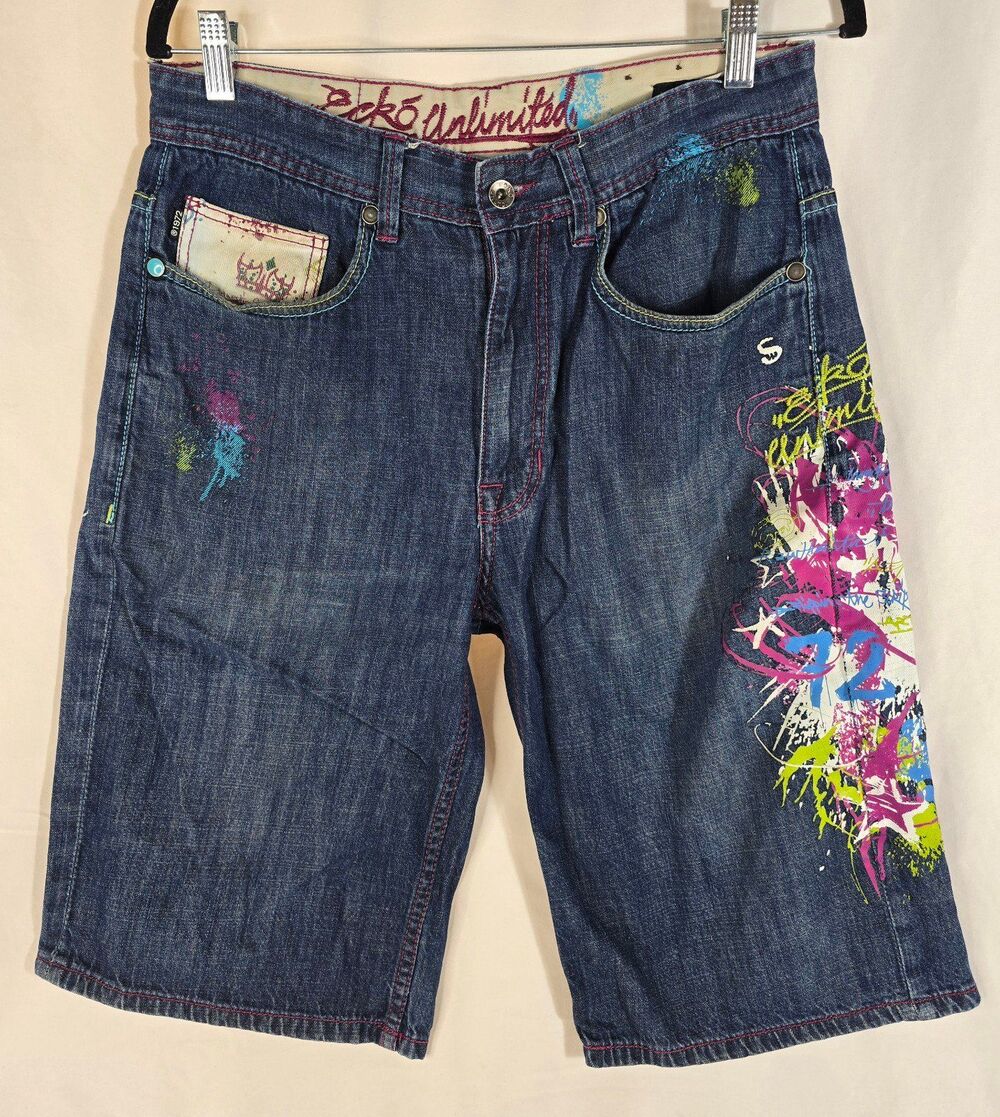 Vintage Y2K-era Ecko Unltd. graffiti-print baggy fit denim jorts